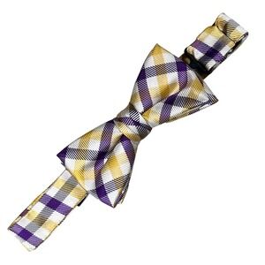 Collared Greens LSU Bow Tie Men OS Purple Gold Gingham Silk Pre-Tied Made in USA